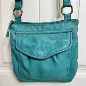 Fossil Turquoise Cow Hide Pebble Leather Organizer Crossbody Purse. 11.5”x10”x1”